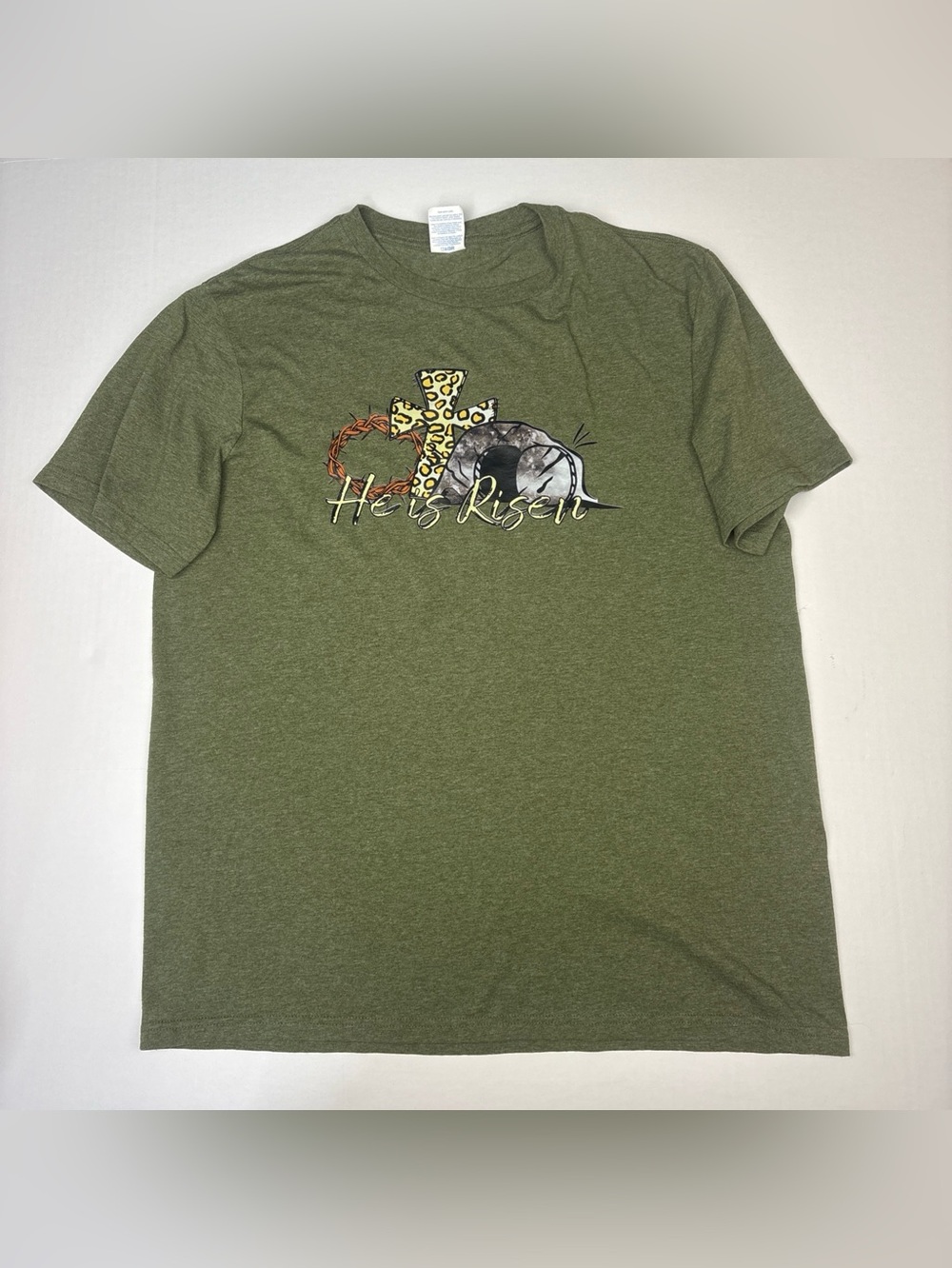 He Is Risen Adult Large Shirt Port Company Green Short Sleeve Christian Cross